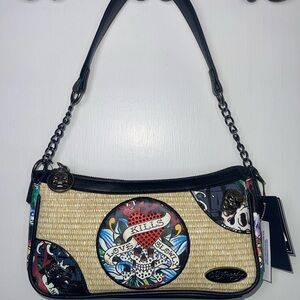 NWT Ed Hardy Black and Cream Bedazzled Shoulder Bag